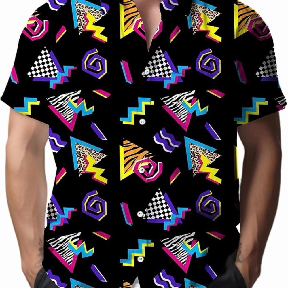 Mens 80s 90s Retro Geometric Button Down Shirt Short Sleeve Black Multi Large